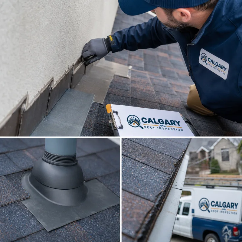 Roof inspector checking step flashing, a pipe boot, and shingle edges near an eave