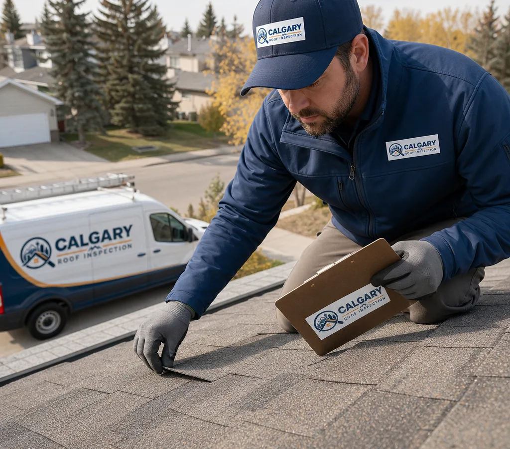 Calgary roofer closely inspecting an asphalt shingle roof with a clipboard