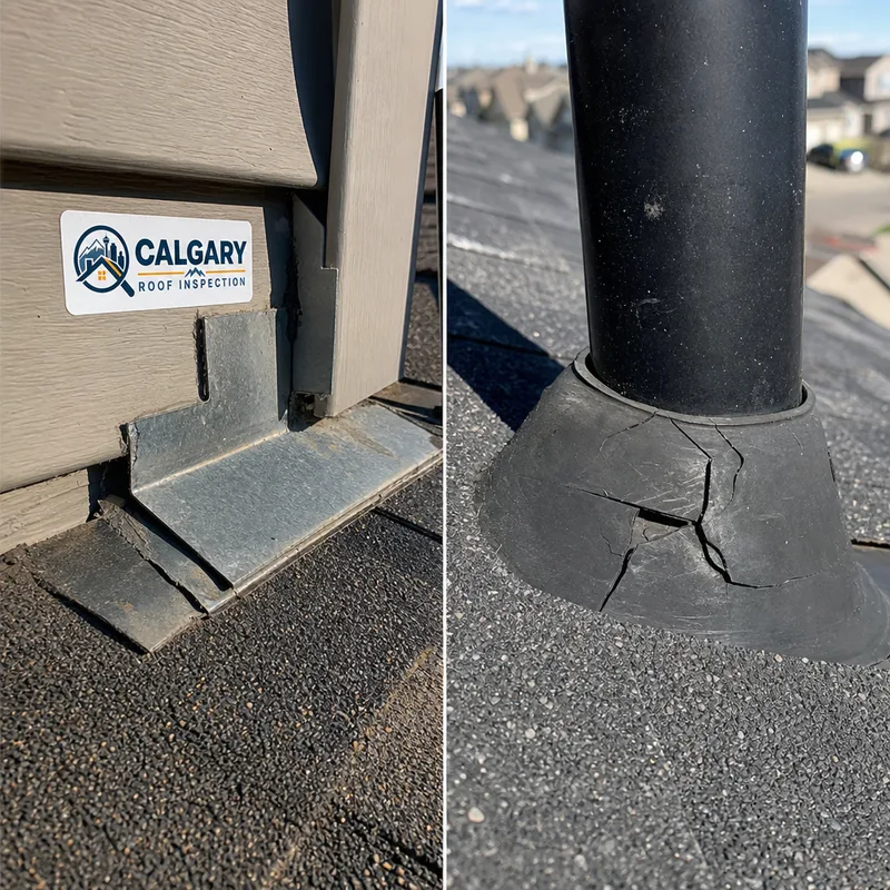 Close-up of step flashing at a wall intersection and a cracked roof vent pipe boot on a Calgary home