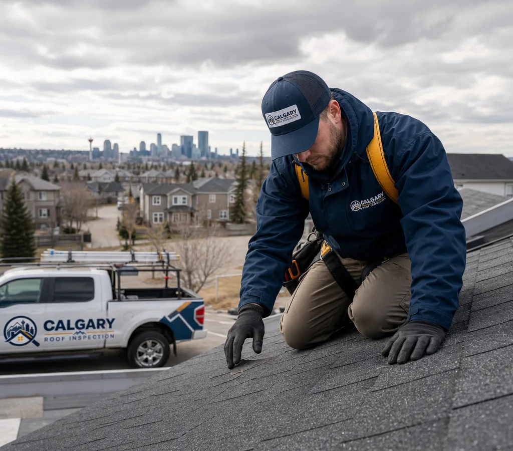 Calgary roofing contractor performing a close visual inspection on an asphalt shingle roof beneath an overcast Alberta sky