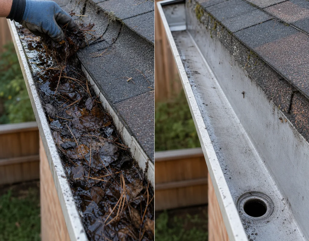 Before and after comparison of a debris-packed gutter and the same section cleaned
