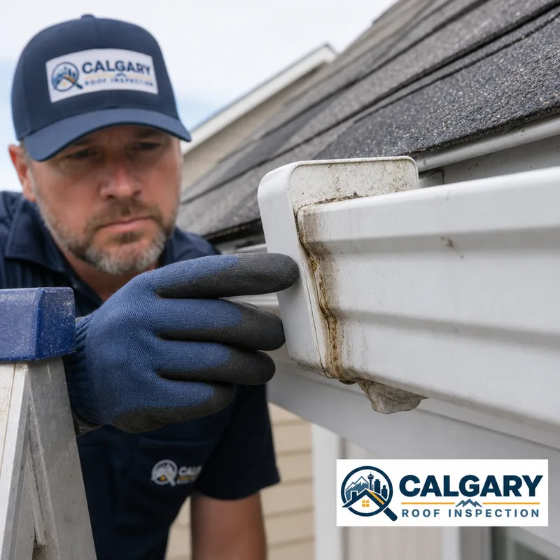 Gutter seam and end-cap staining that indicates a slow leak