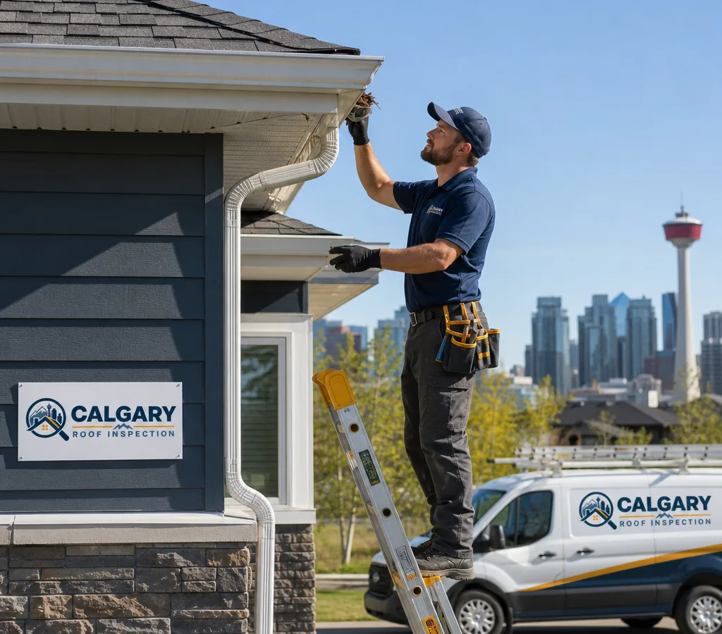 Technician on a ladder cleaning an aluminum eavestrough and checking a downspout beside a Calgary home