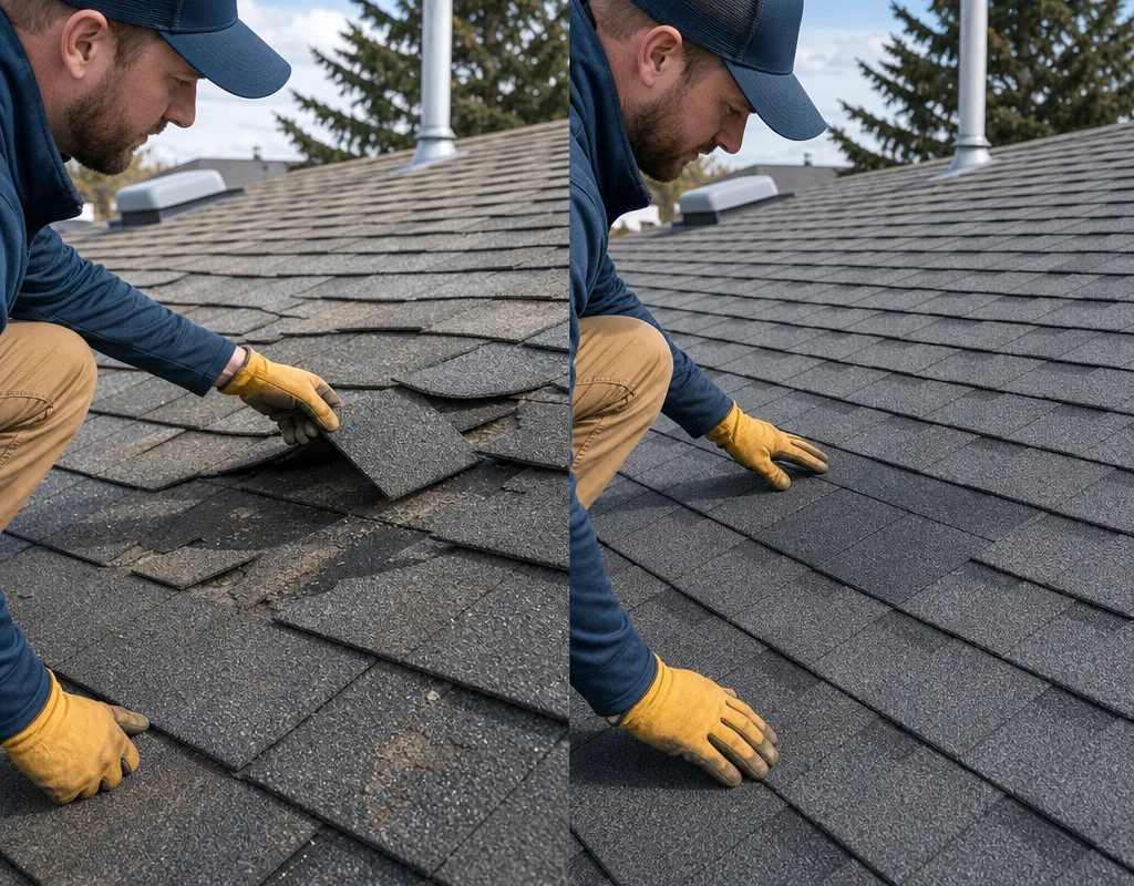 Before-and-after view of wind-damaged asphalt shingles and the completed shingle replacement