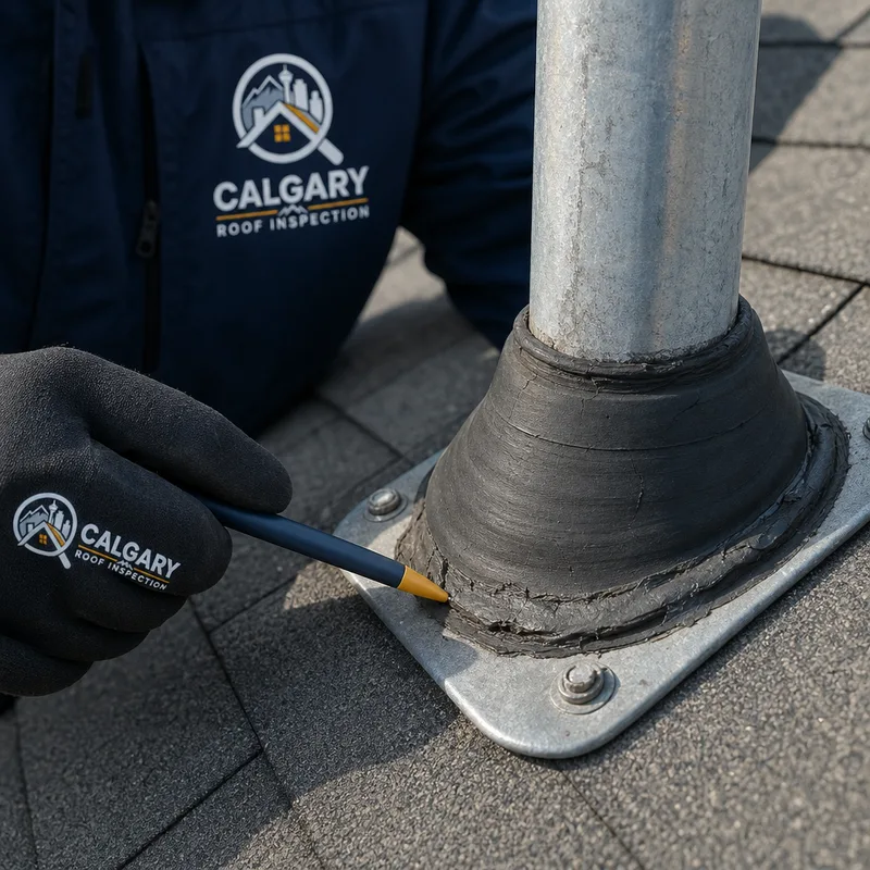 Close-up of a metal roof vent stack flashing showing sealant and fastener condition during inspection