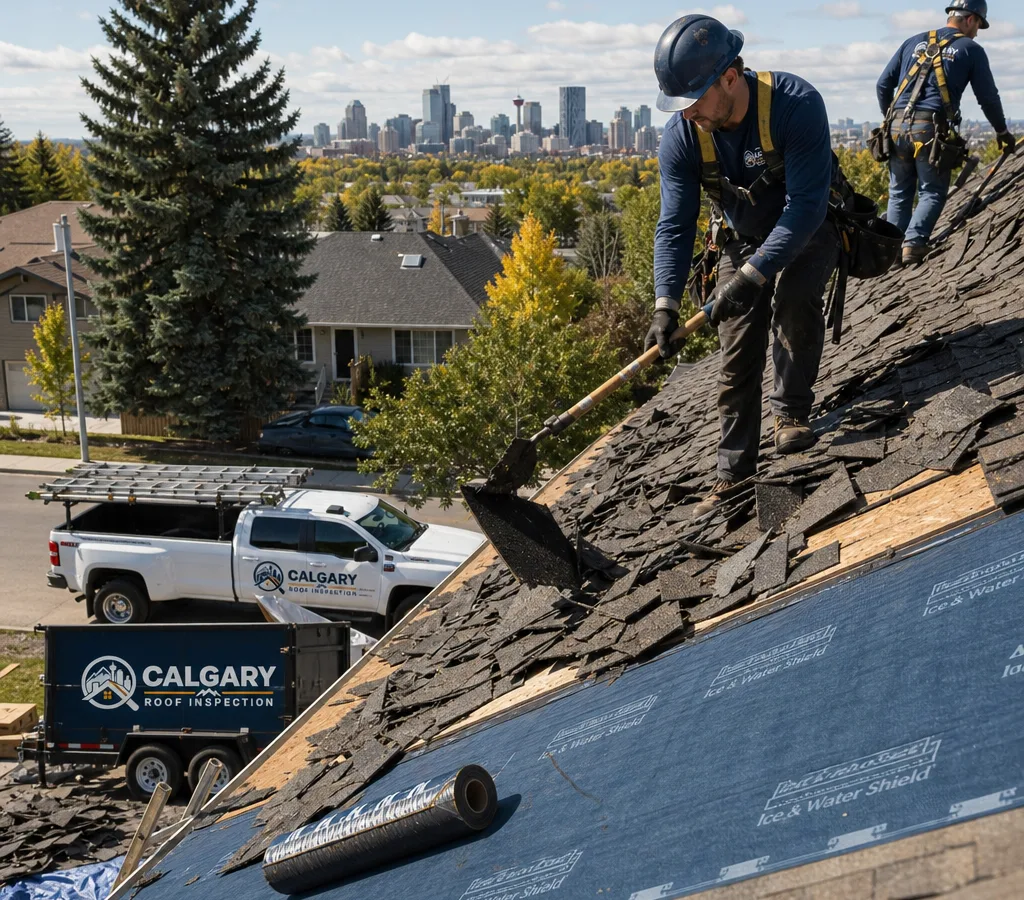 Calgary roofing crew removing worn shingles and underlayment with new ice-and-water membrane visible at the eaves