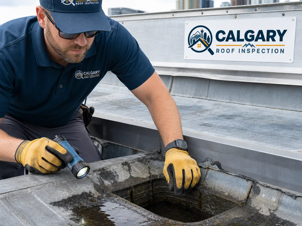 Flat roof drain and scupper area with standing-water staining and visible membrane seams