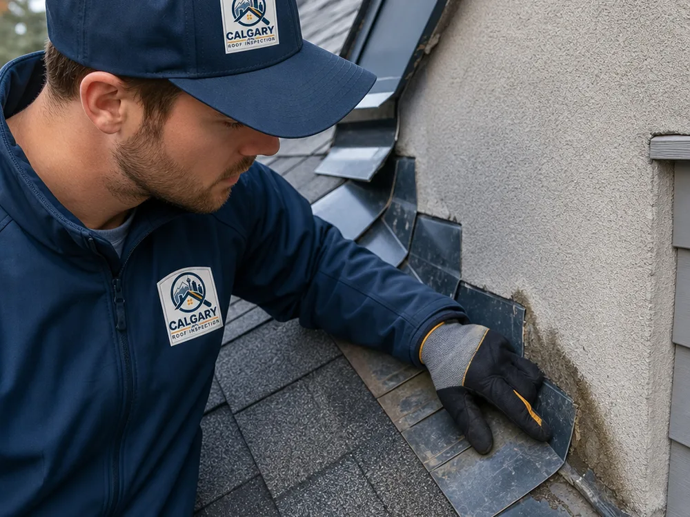 Roofer examining step flashing and shingle edges at a moisture-stained sidewall intersection