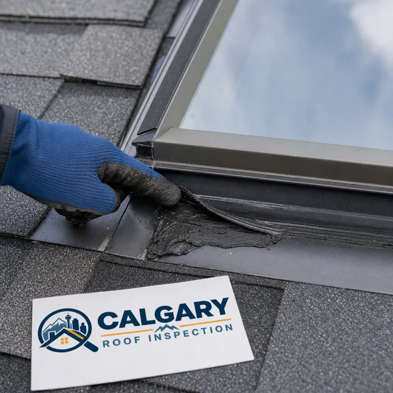 Close view of skylight step flashing, shingles, and a lifted or patched flashing edge