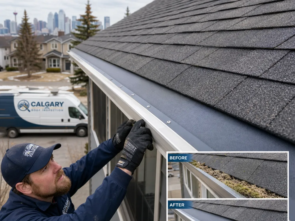 Finished micro-mesh gutter guards installed along a straight eave on a Calgary home