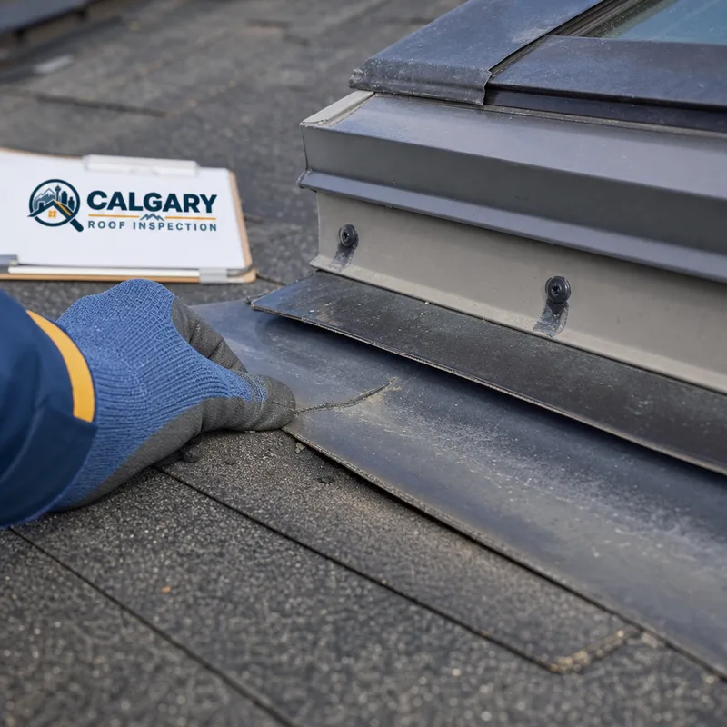 Close-up of skylight step flashing layered with shingles and intact sealant at the fasteners