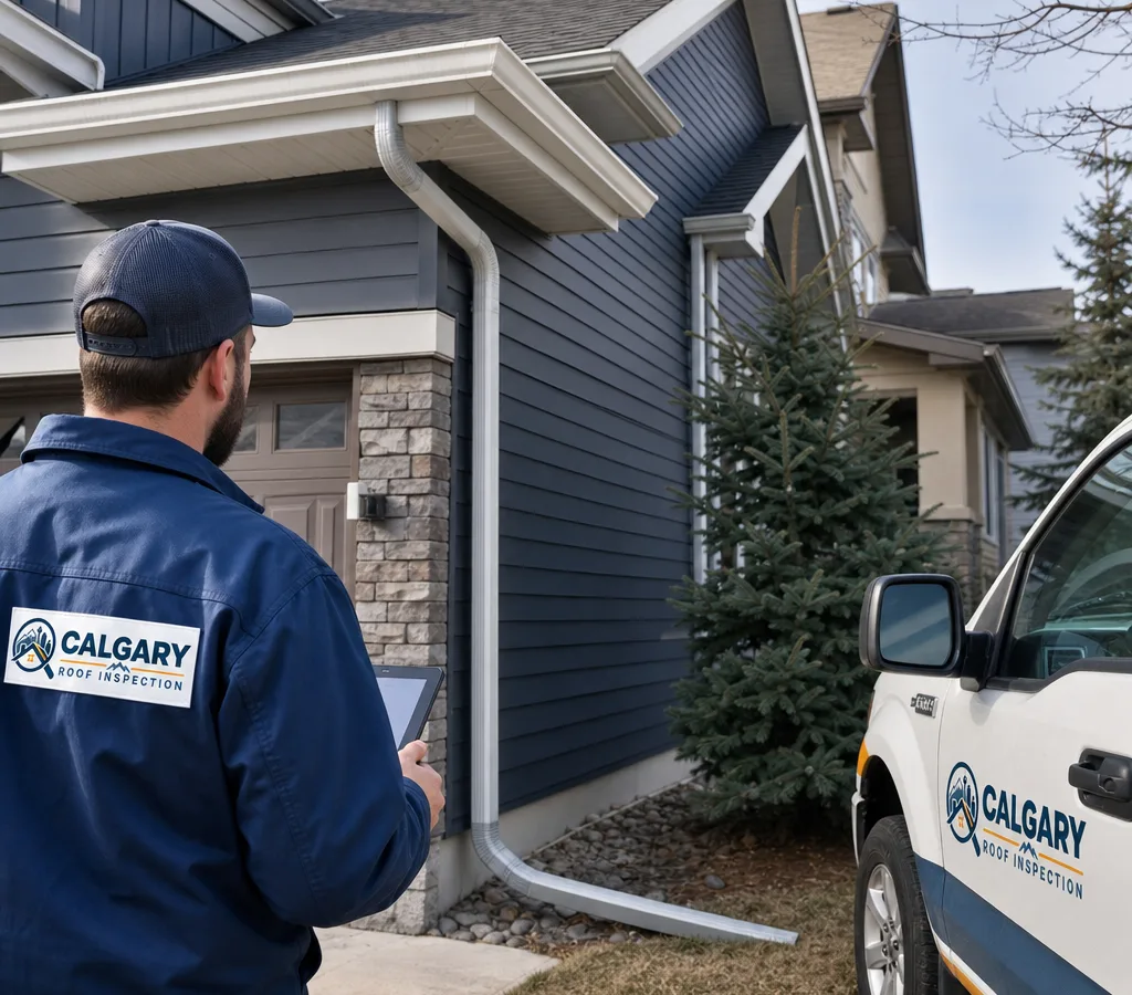 Calgary home with new continuous gutters and downspouts showing straight runs, clean mitres, and a downspout extension